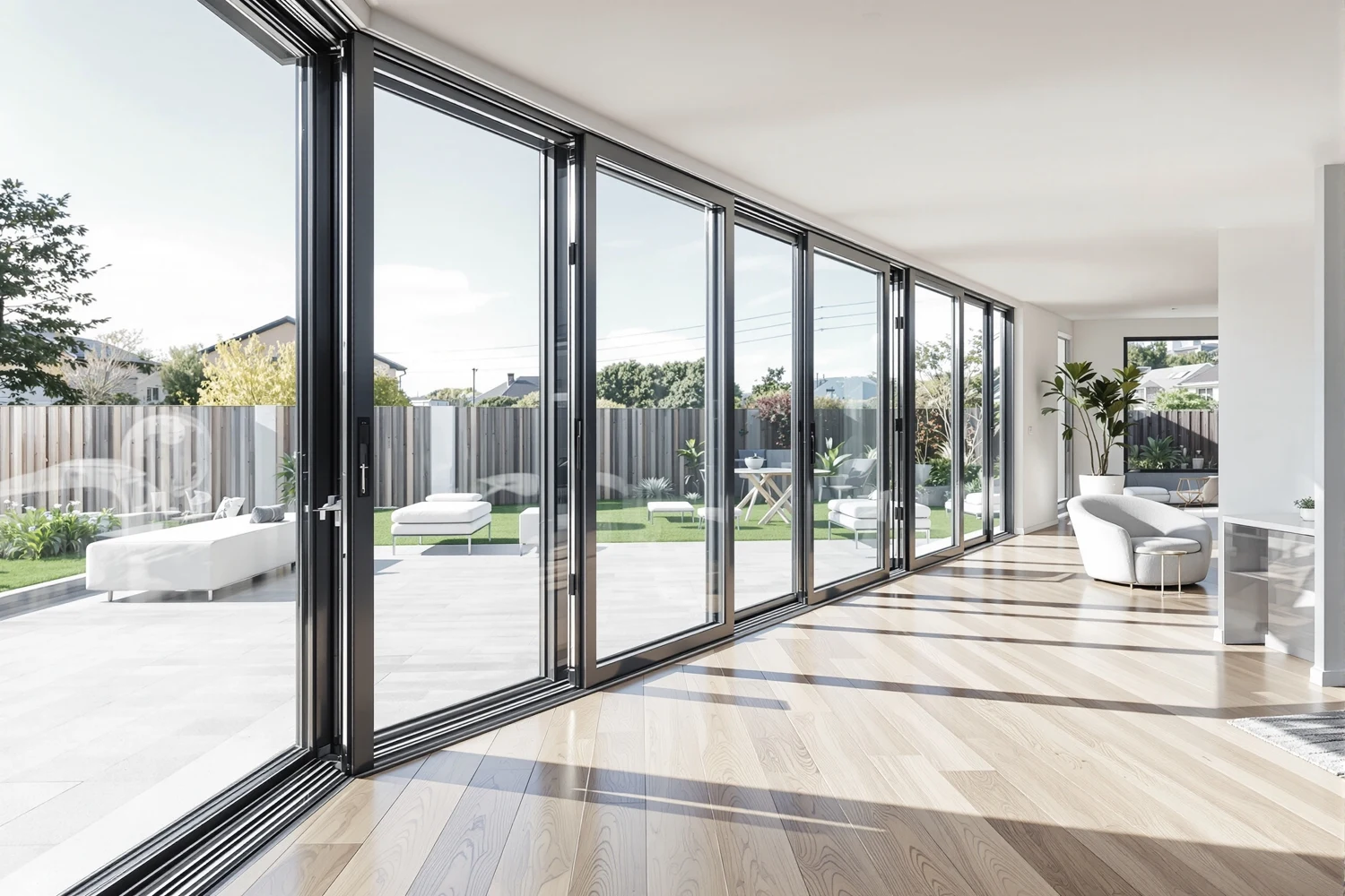 Premium aluminium sliding doors opening to a bright outdoor area